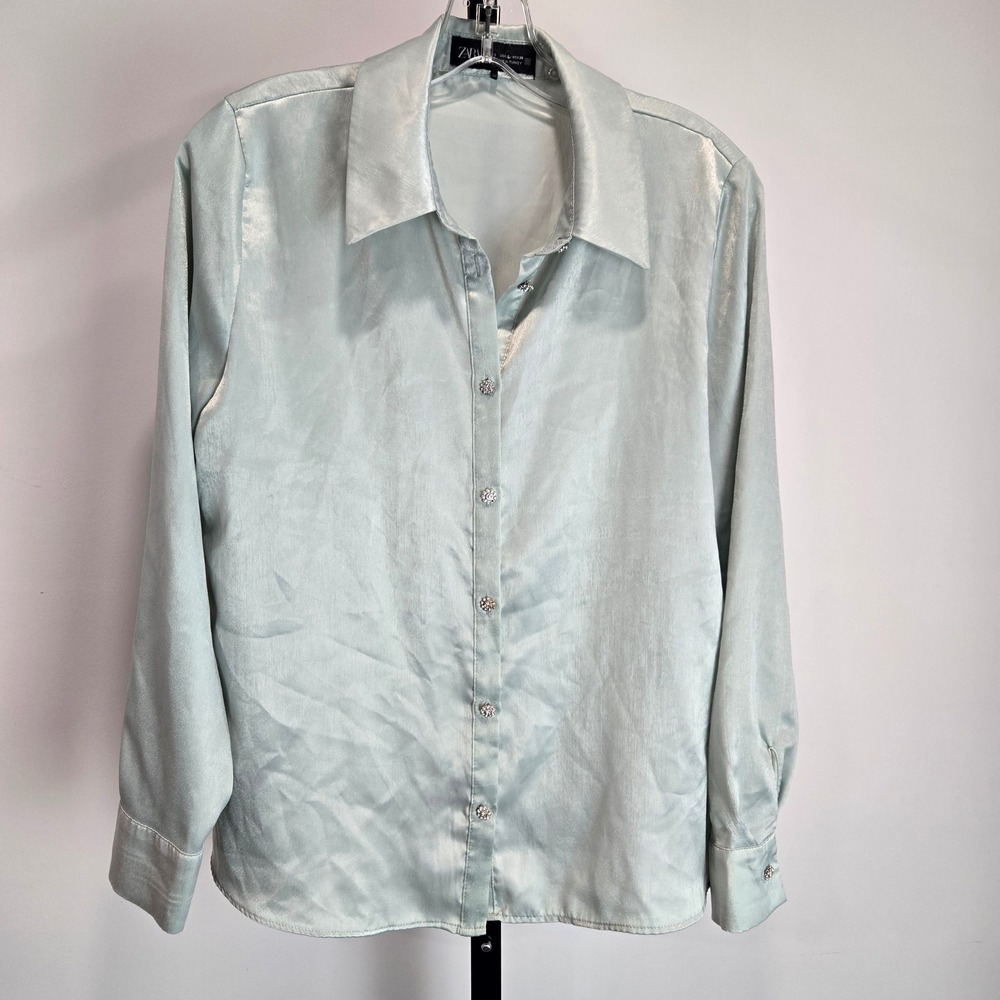 Zara Womens Mint Green Satin Blouse Rhinestone Flower Buttons Small Long Sleeve